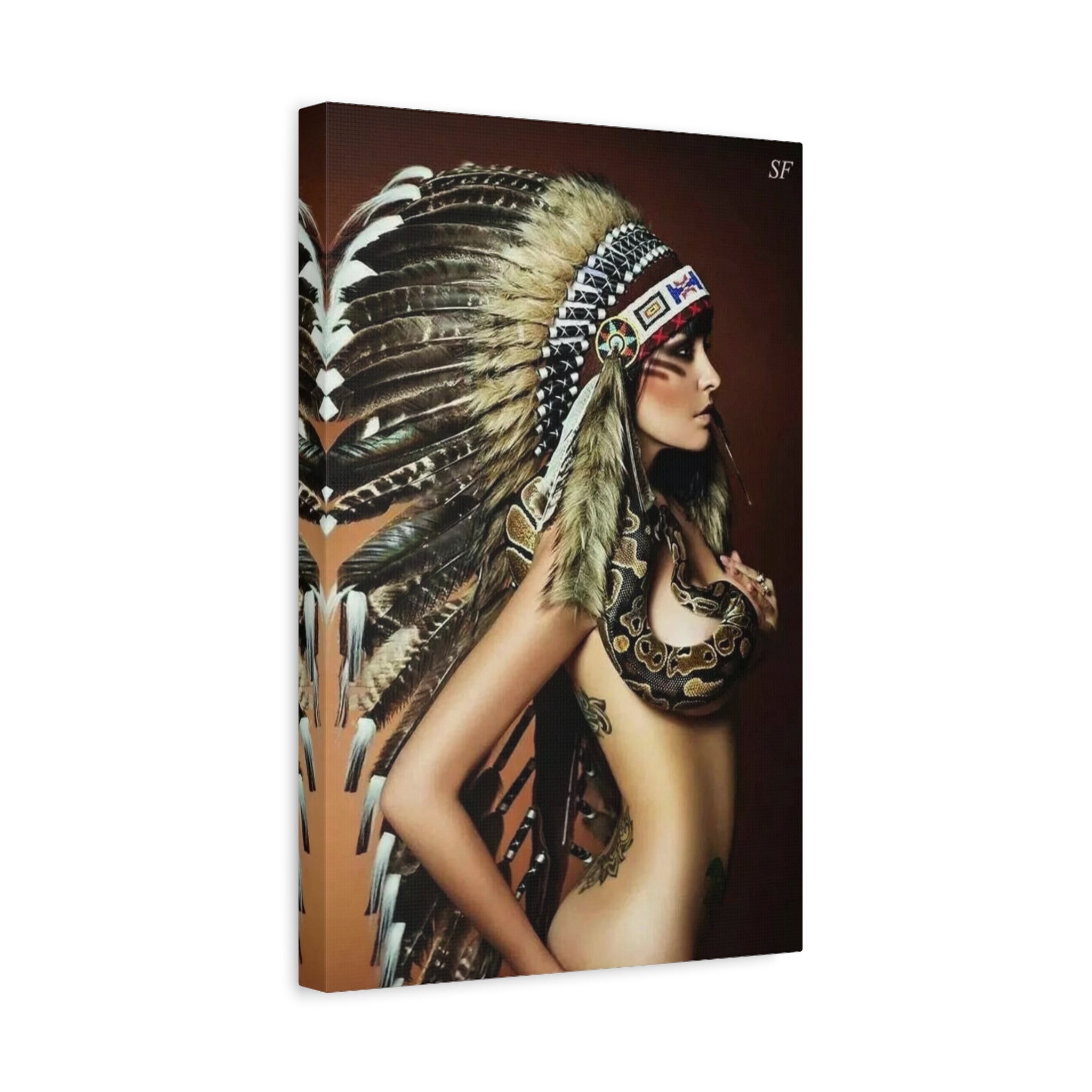 Bohemian Headdress Canvas Print — Native-Inspired Woman with Snake Wall Art 