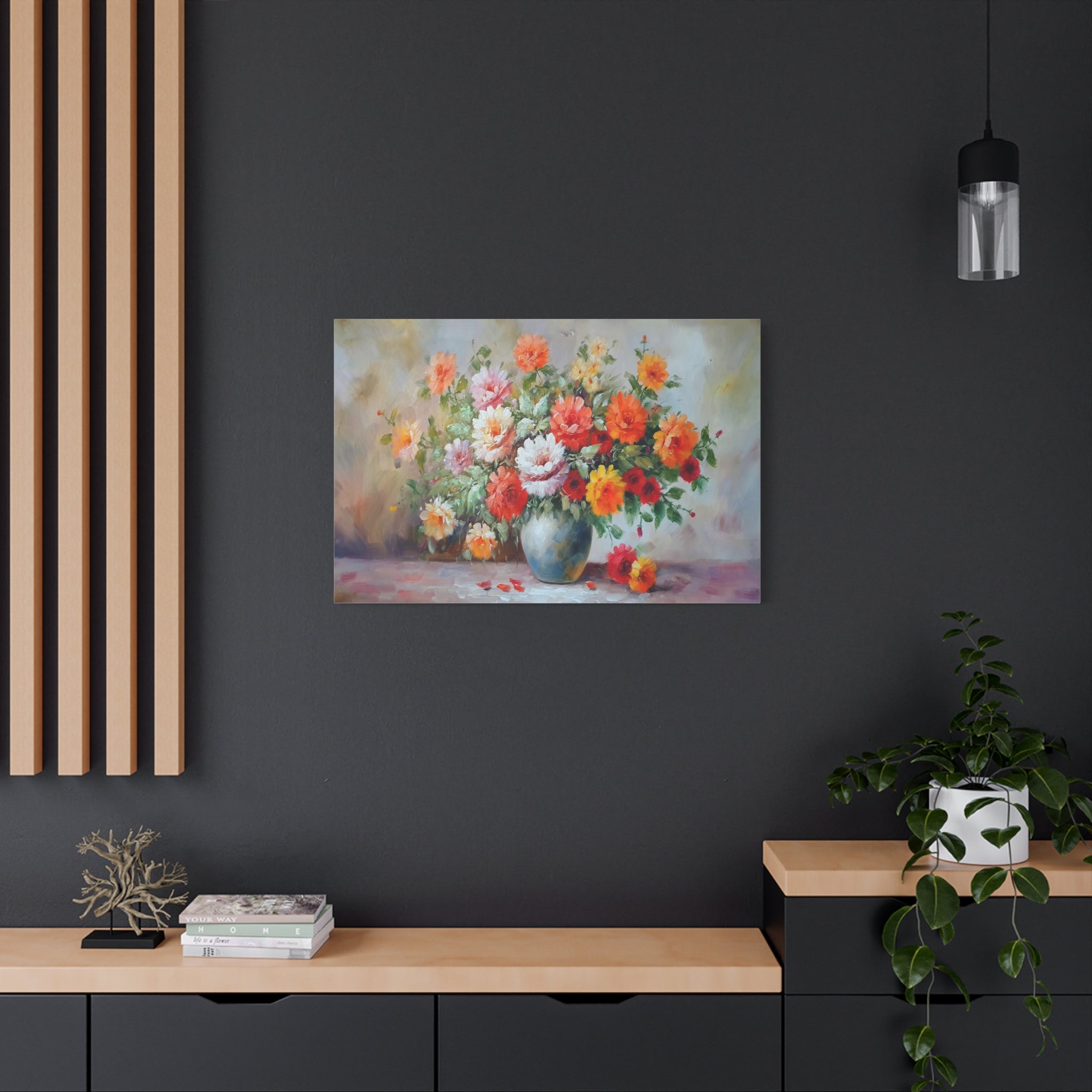 Floral Bouquet Canvas Wall Art – Vibrant Vase of Orange & Pink Flowers, Matte Stretched Print 