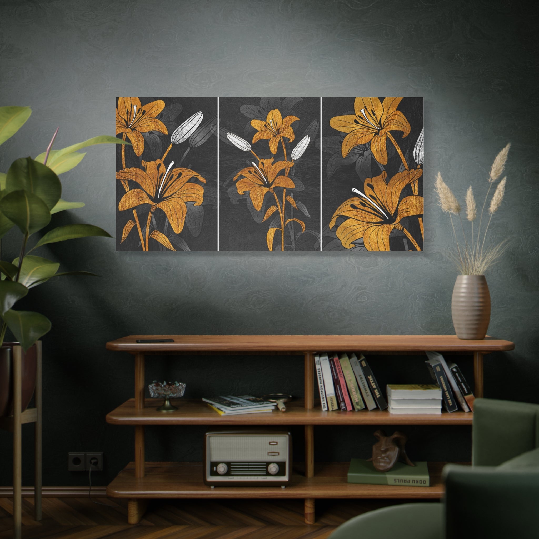 Lily Triptych Canvas Art - Golden Floral Stretched Matte Wall Decor - TheKaraHan
