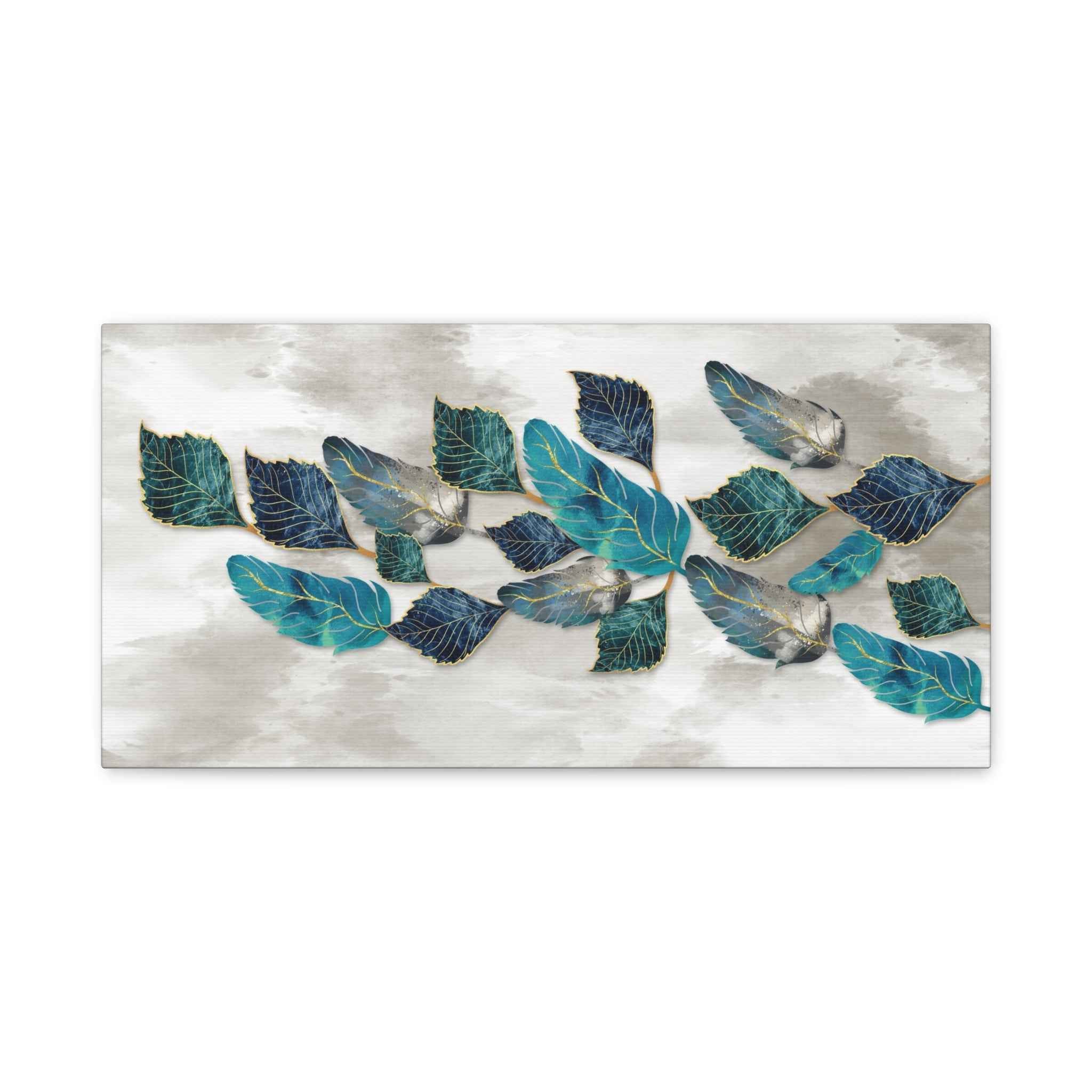 Teal Botanical Leaf Wall Art Canvas – Modern Blue & Gold Nature Abstract Decor
