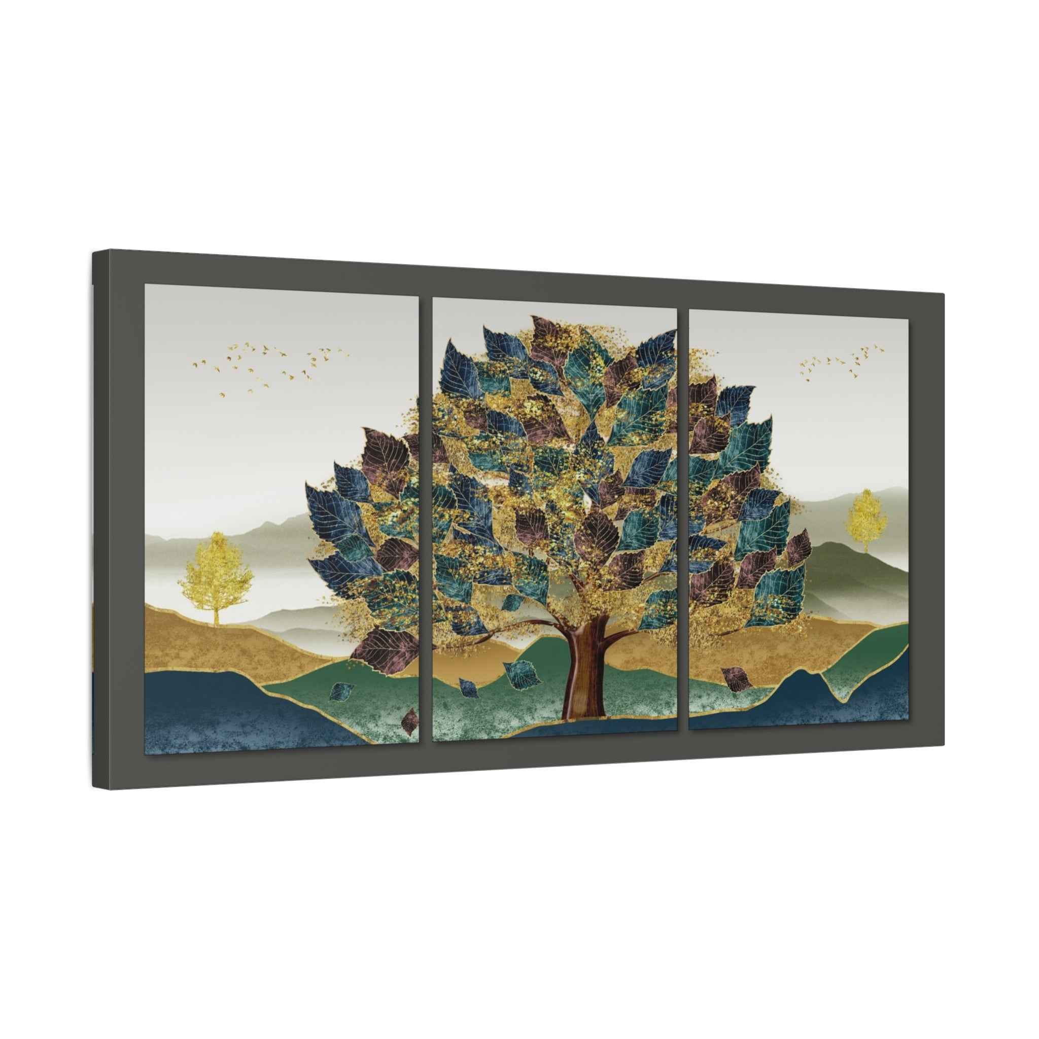 Golden Tree Canvas Wall Art – Abstract Landscape Triptych