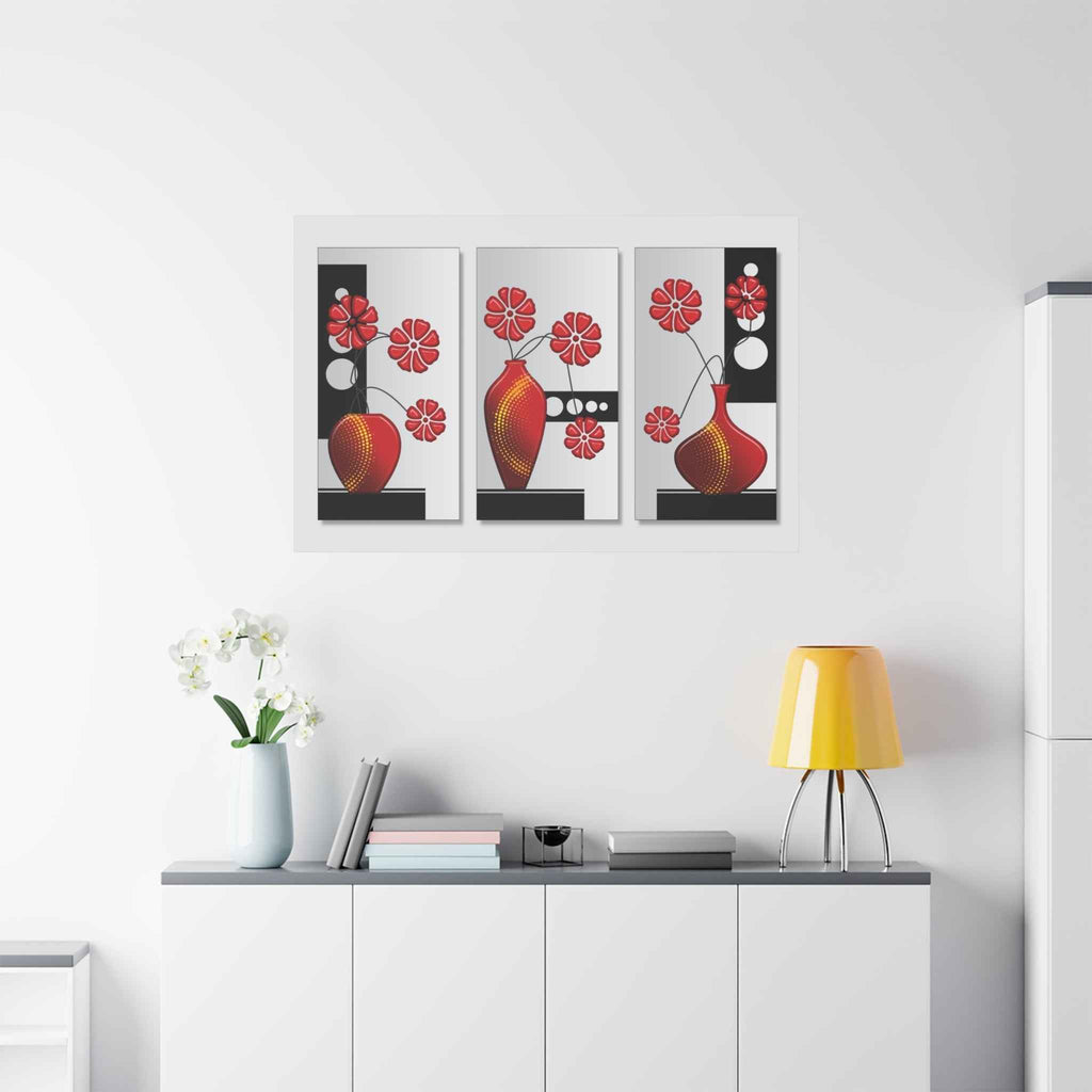Modern Red Flower Vase Triptych Canvas Wall Art – Floral Wall Decor