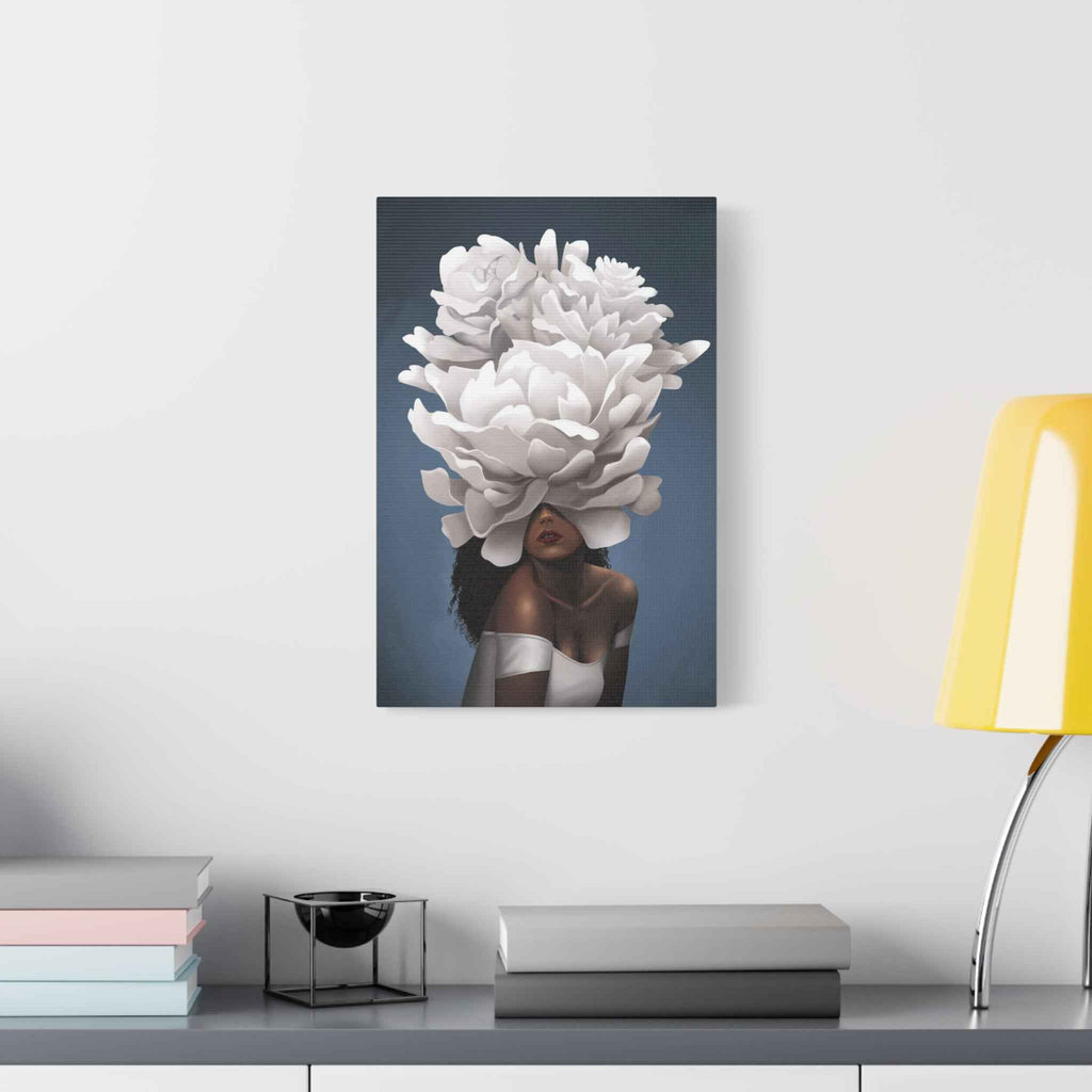 Floral Veil Canvas Wall Art — Elegant Woman with Oversized White Peony - TheKaraHan