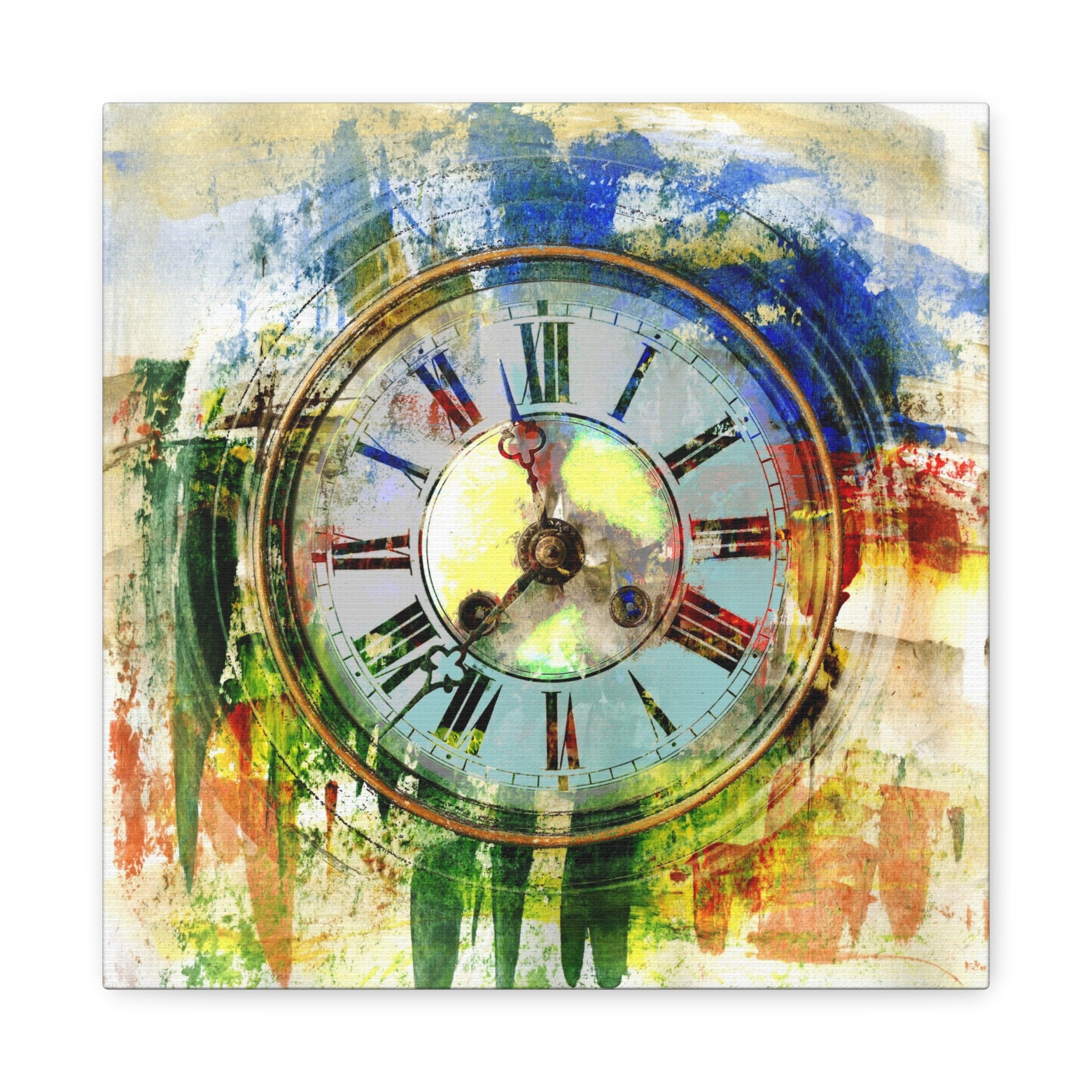 Abstract Vintage Clock Matte Canvas Print — Colorful Stretched Wall Art
