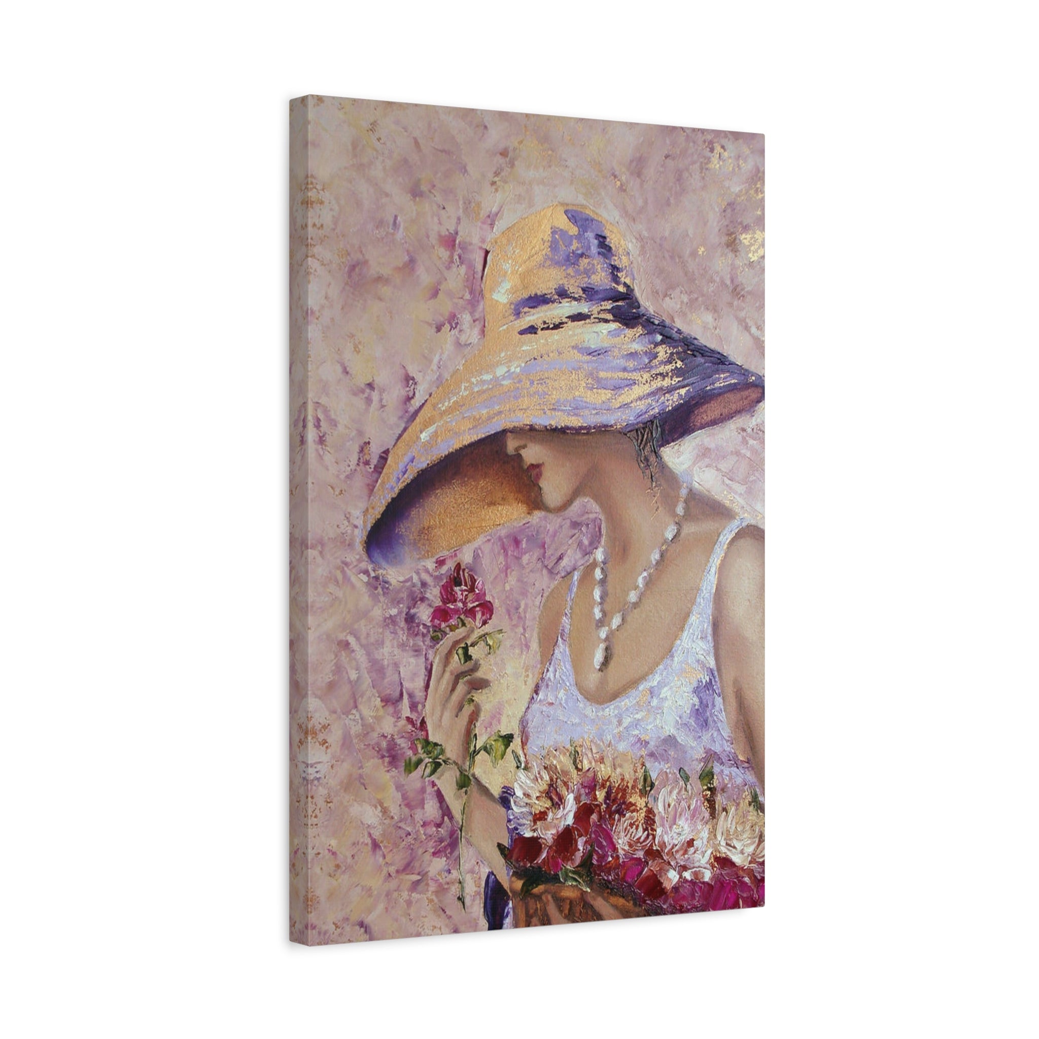 Floral Wall Art - Lady in Wide Brim Hat on Matte Stretched Canvas - TheKaraHan