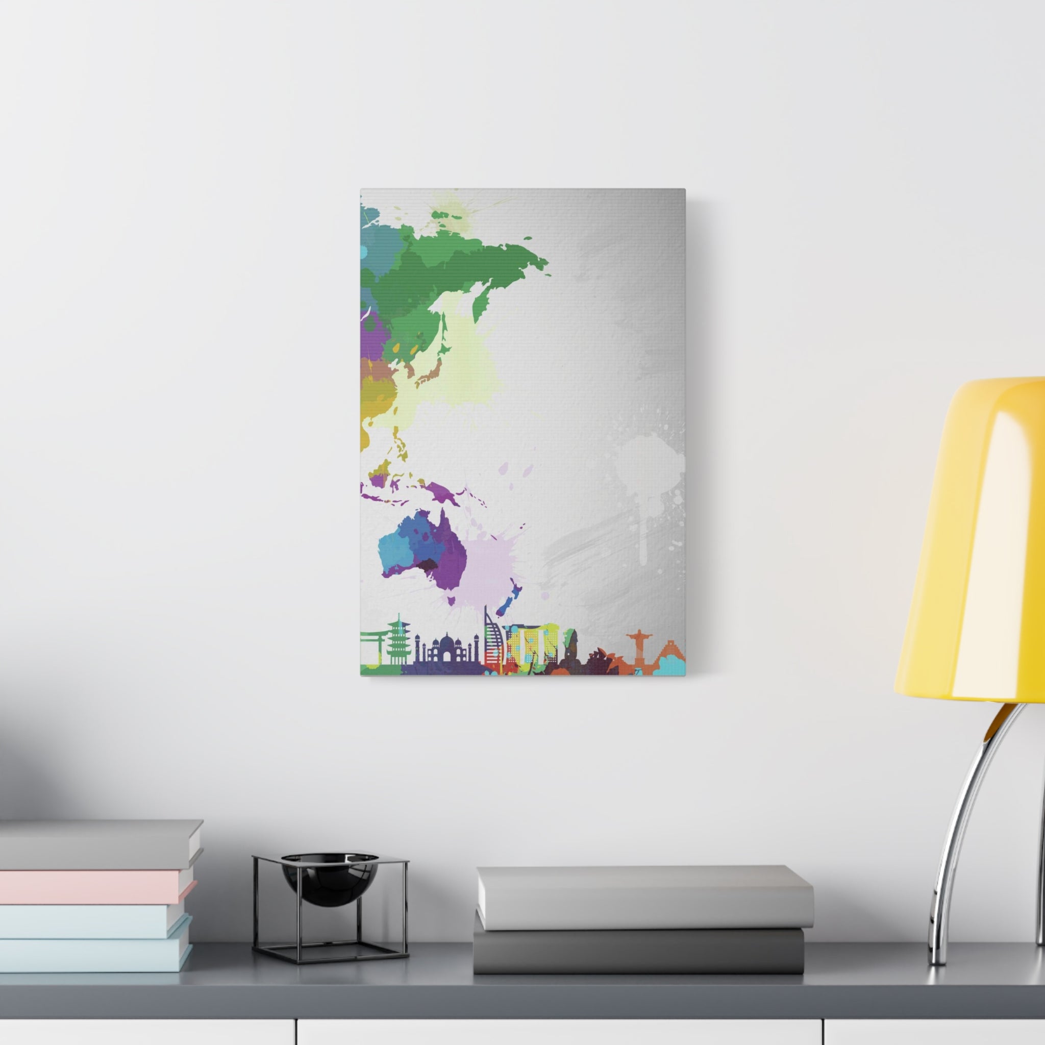 World Map Silhouette Canvas – Colorful Travel Skyline Wall Art 
