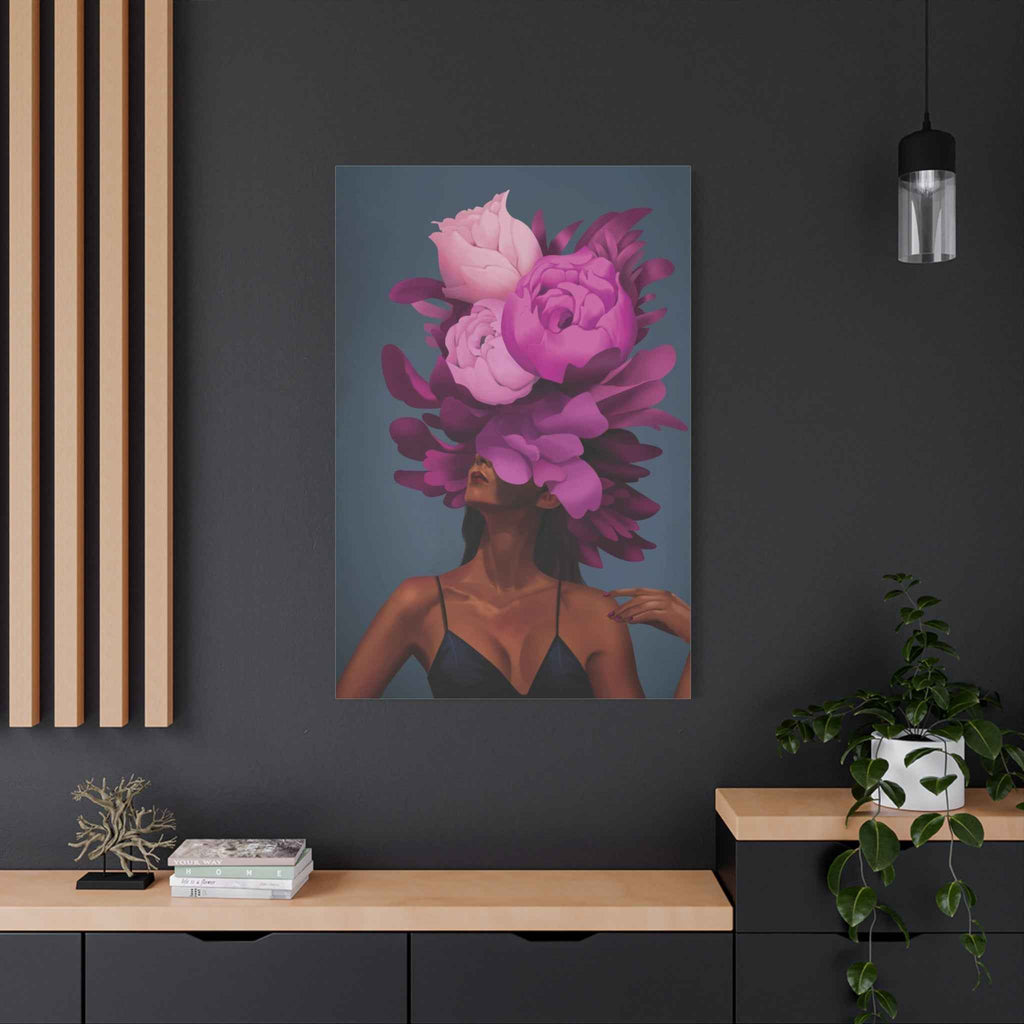 Floral Portrait Canvas Print — Woman with Oversized Pink Peony Hat (Matte Stretched) - TheKaraHan