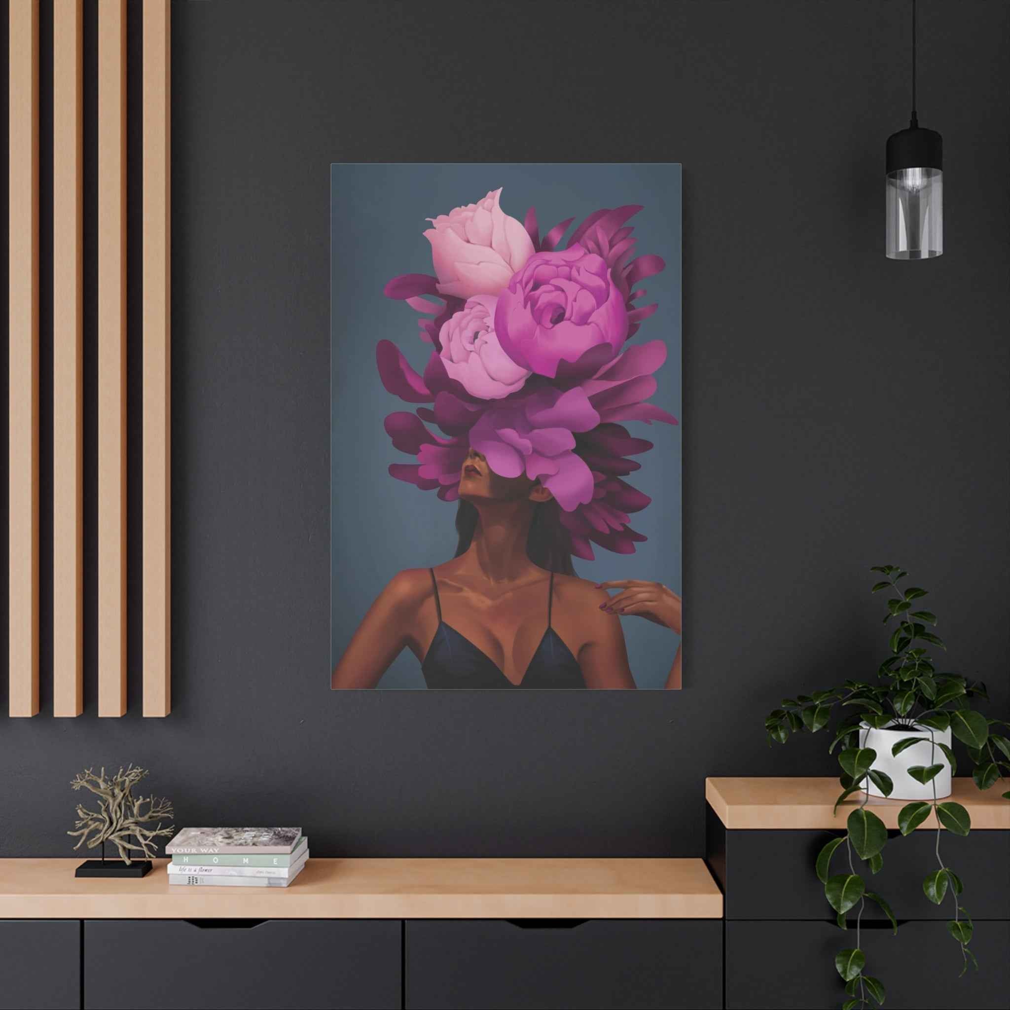 Floral Portrait Canvas Print — Woman with Oversized Pink Peony Hat (Matte Stretched) - TheKaraHan