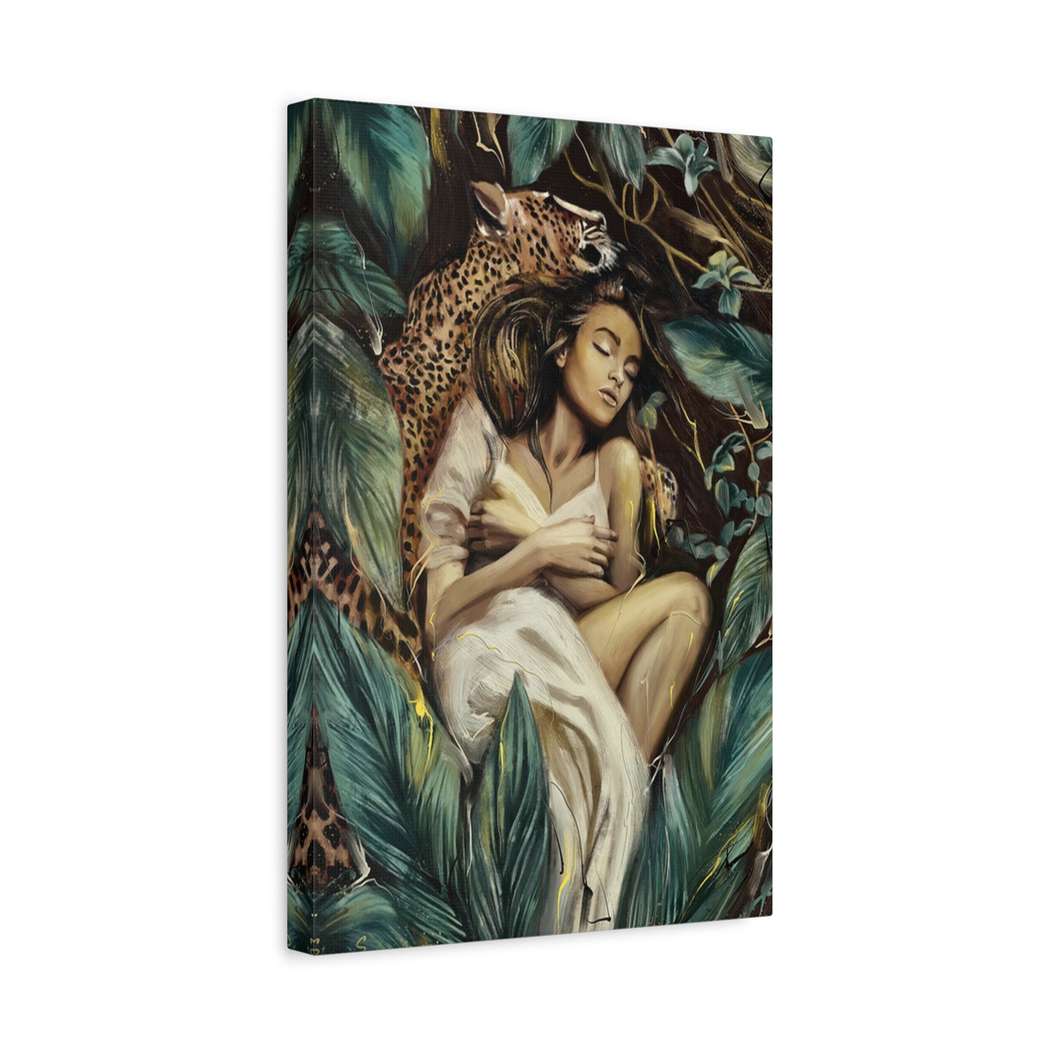 Jungle Dream Matte Canvas—a Woman with Leopard Art Print (Stretched) 