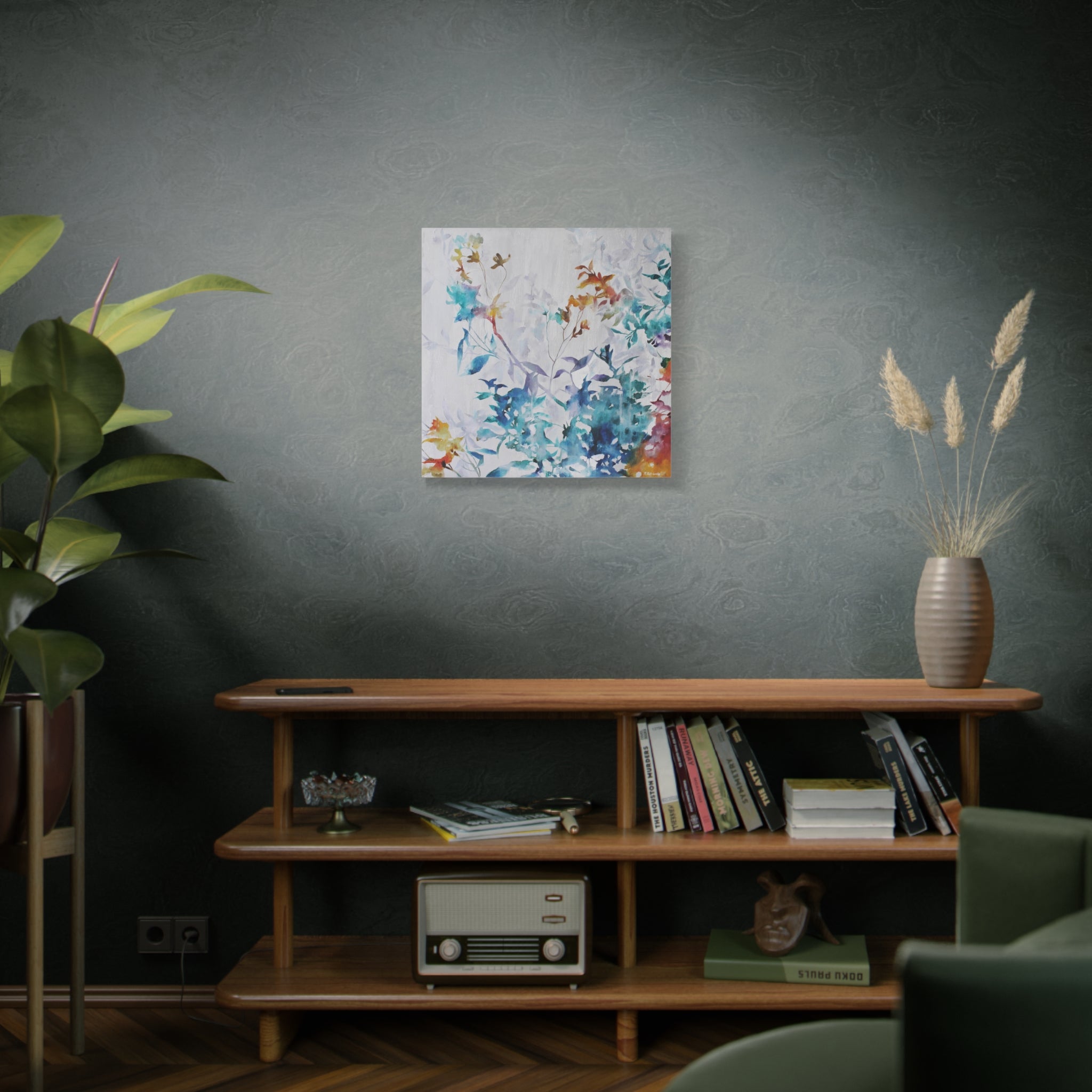 Floral Watercolor Canvas Wall Art — Abstract Blue & Teal Botanical Print 