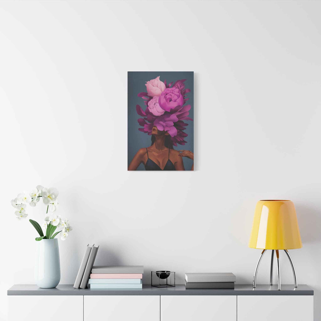 Floral Portrait Canvas Print — Woman with Oversized Pink Peony Hat (Matte Stretched) - TheKaraHan