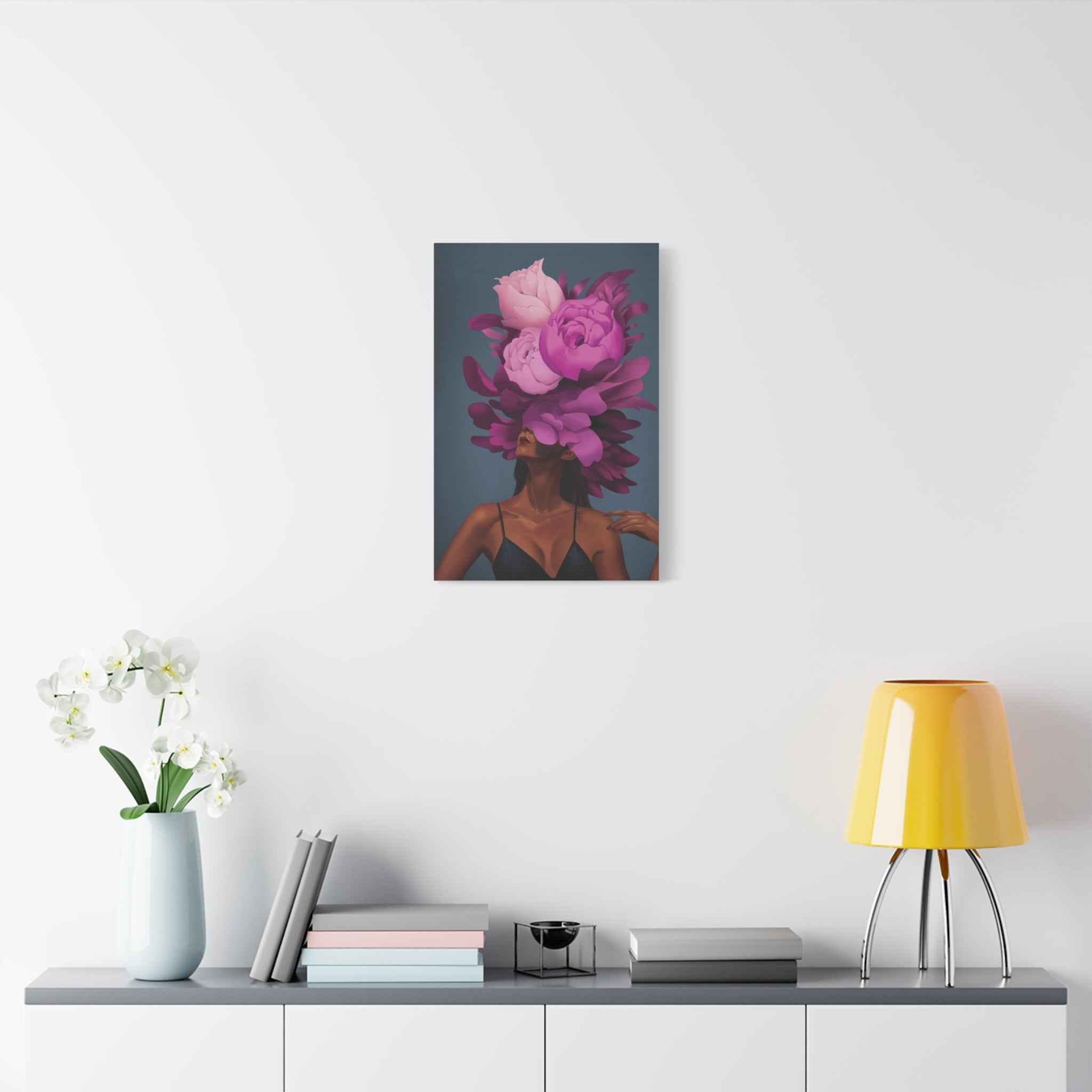 Floral Portrait Canvas Print — Woman with Oversized Pink Peony Hat (Matte Stretched) - TheKaraHan