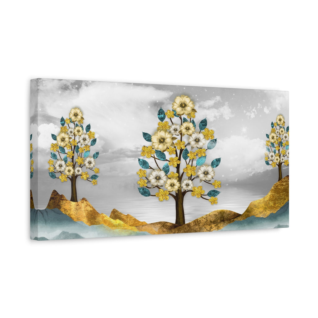 Floral Gold Tree Canvas Wall Art — Teal & Grey Stretched Matte Canvas - TheKaraHan