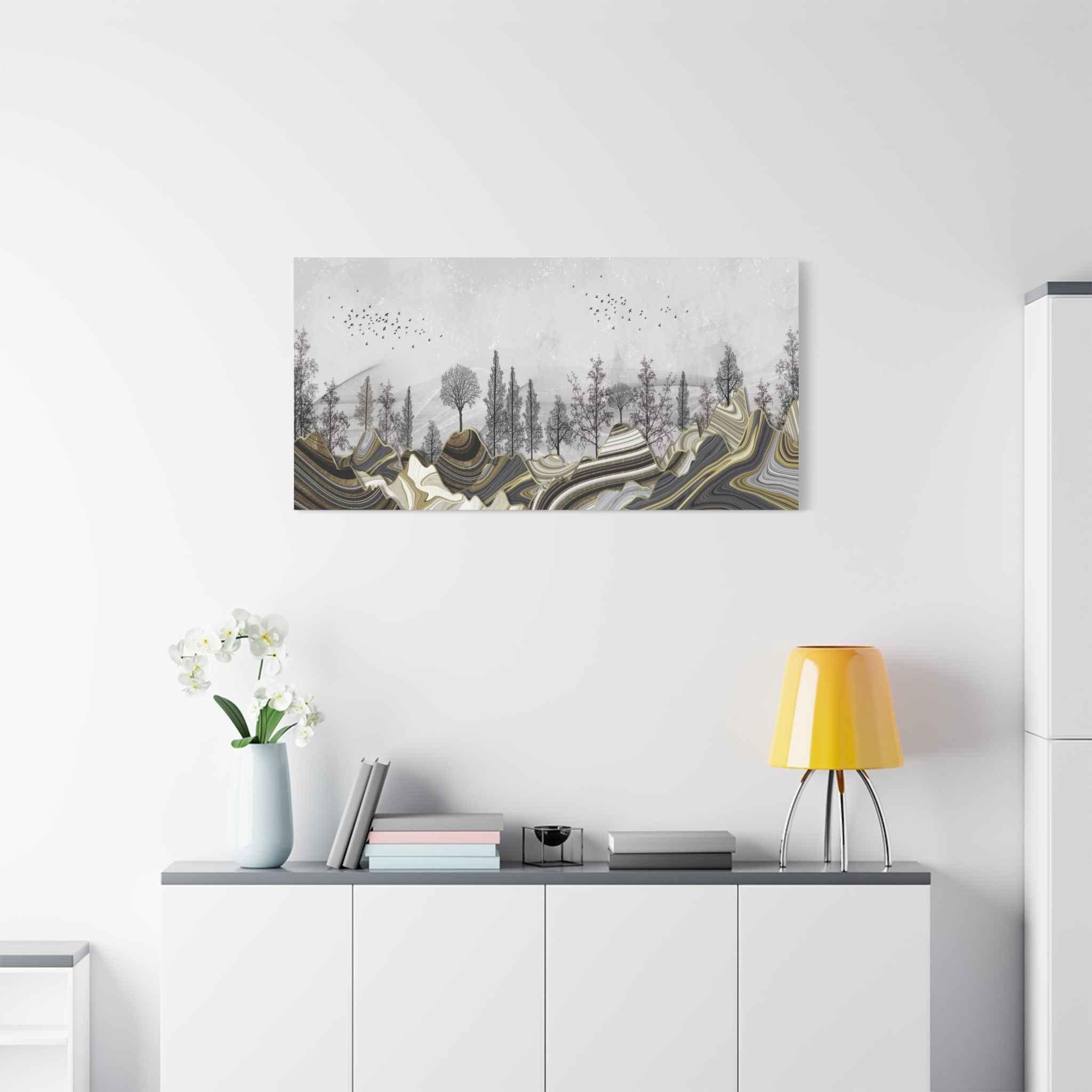 Abstract Gold Landscape Wall Art Canvas – Modern Mountain & Forest Luxury Artwork