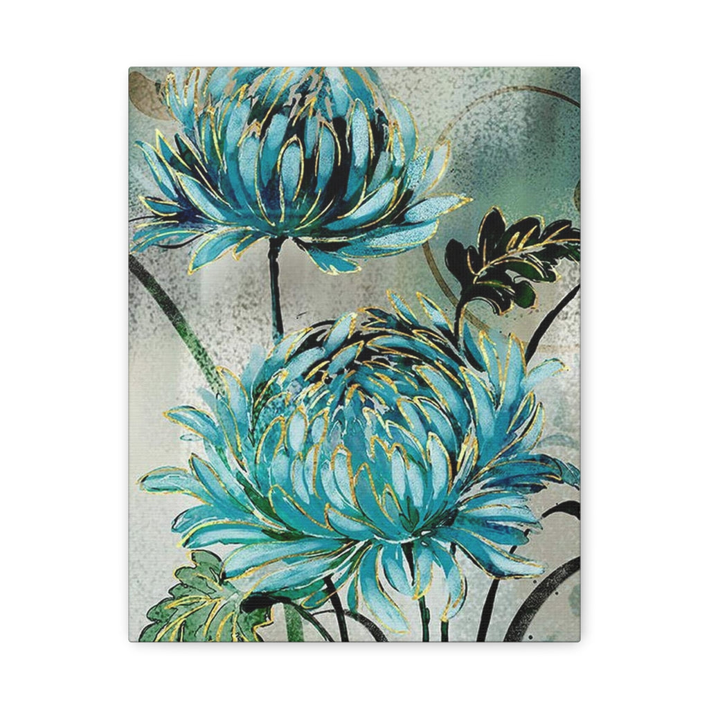 Blue Chrysanthemum Wall Art – Matte Stretched Floral Canvas Print - TheKaraHan
