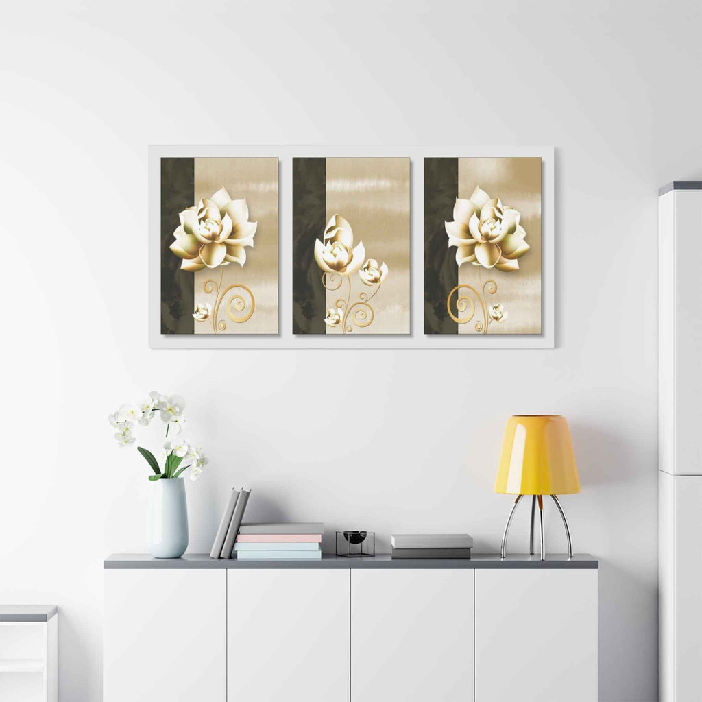 Gold Floral Triptych Canvas Wall Art – Luxury Flower Wall Decor