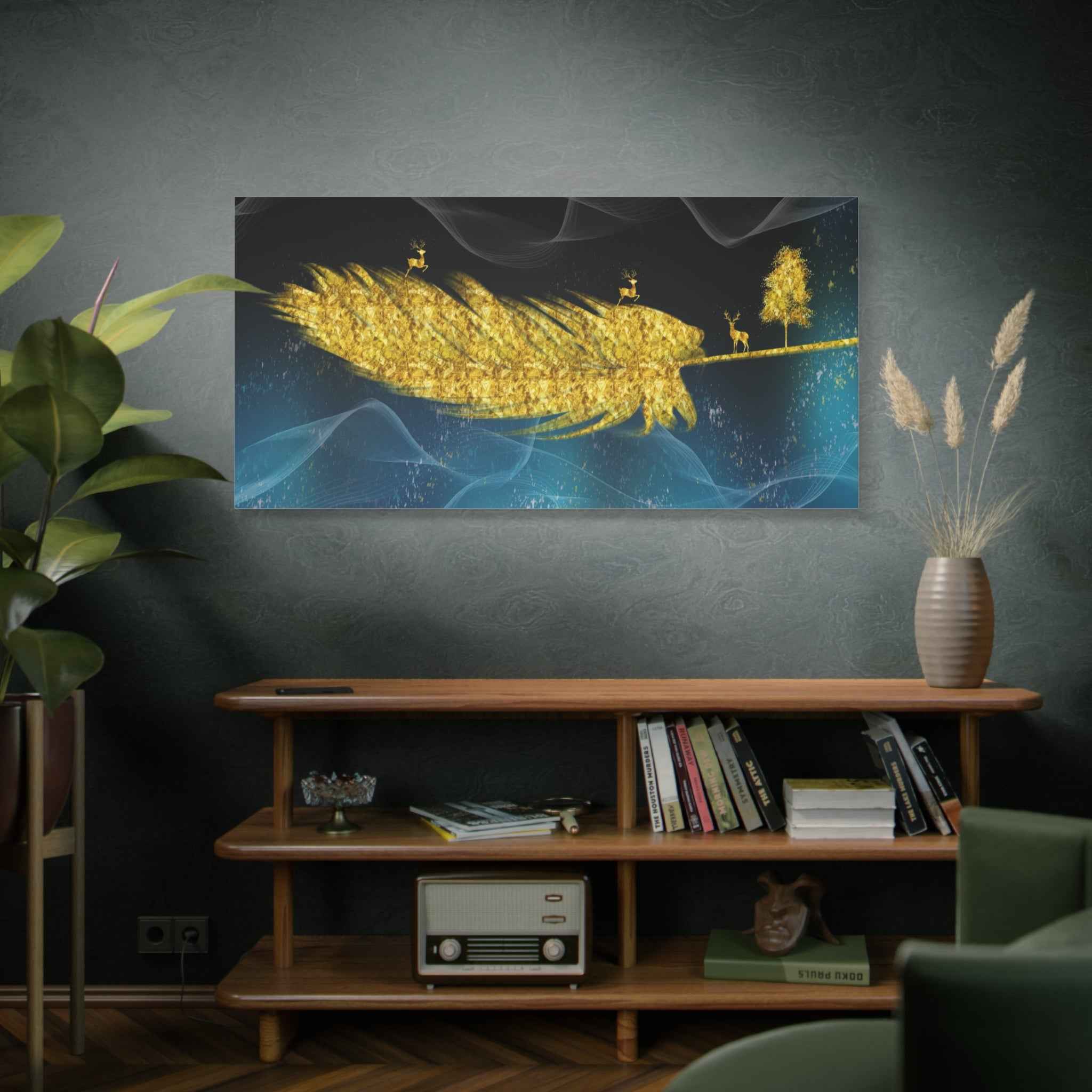 Golden Feather Deer Landscape Canvas Wall Art – Luxury Nature Decor