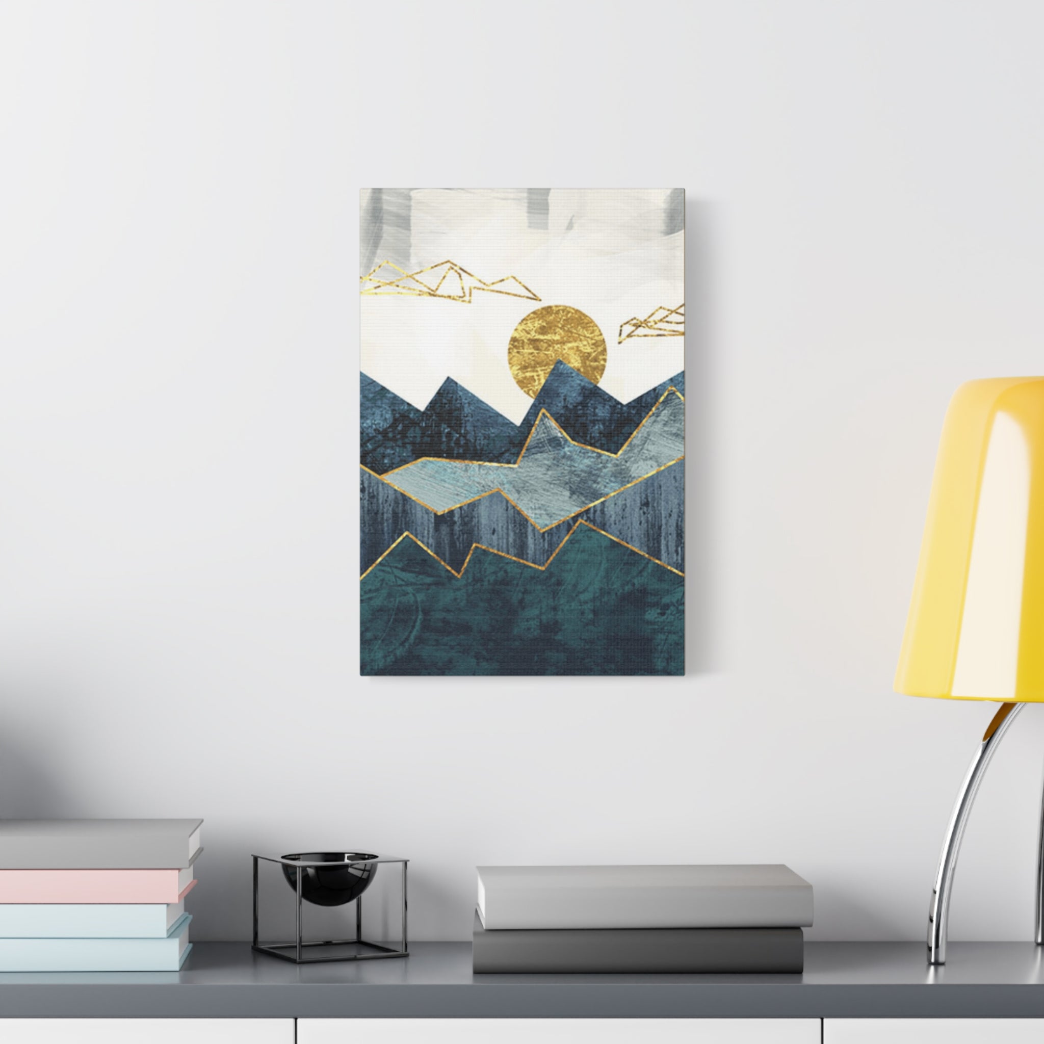 Abstract Mountain Canvas Print – Gold Sun Geometric Wall Art (Matte Stretched) 