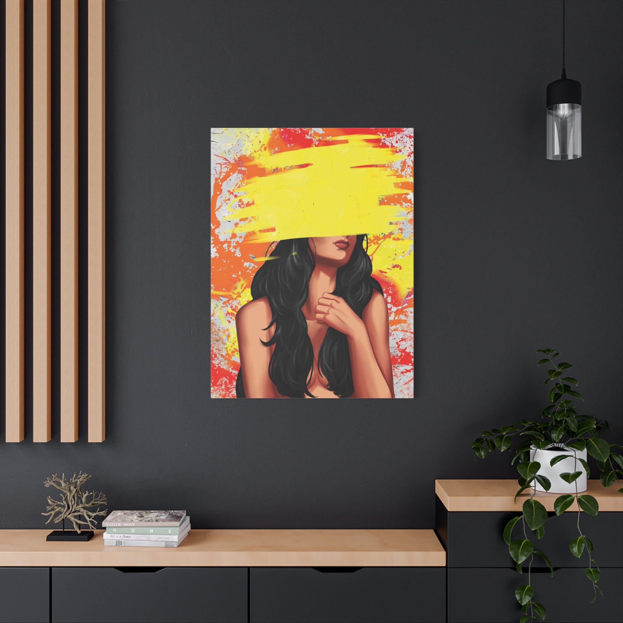 Abstract Femme Nude Canvas Art – Yellow Paint Stroke Portrait 